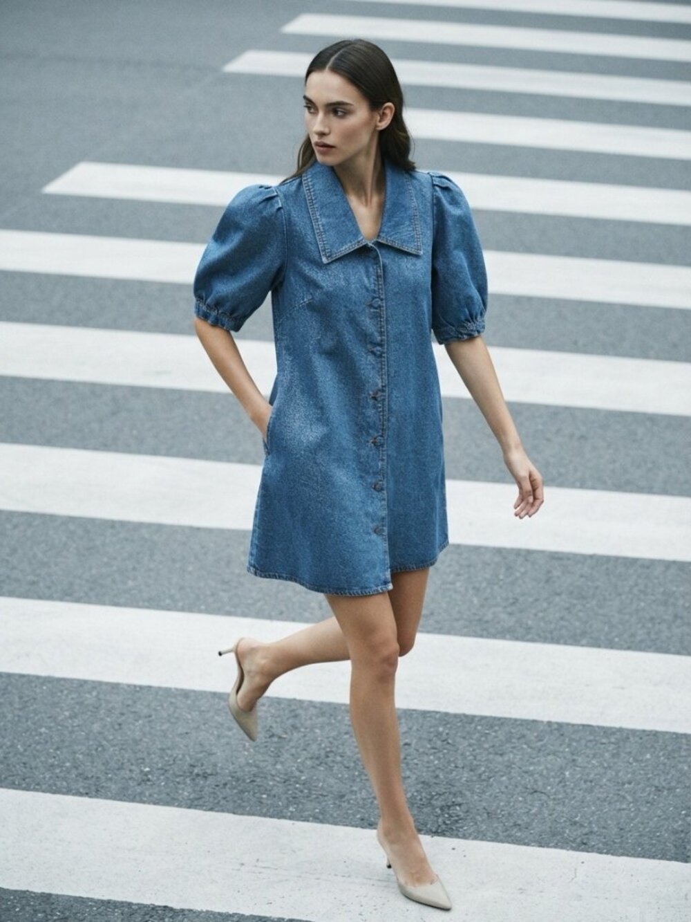 NWT House of Harlow 1960 Denim Shirt Dress Puff Sleeve Button Front Cotton 4